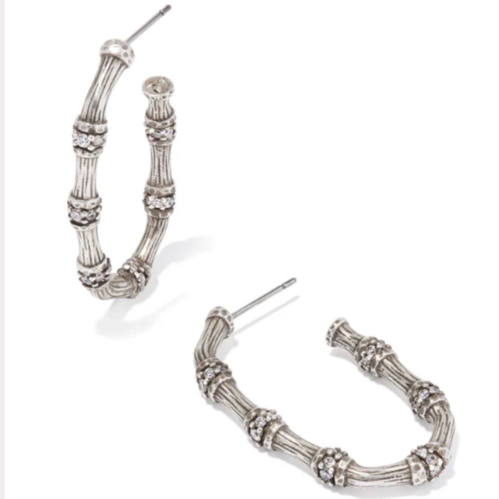 Kendra Scott Maura Vintage Silver White Crystal Bamboo Hoop Earrings